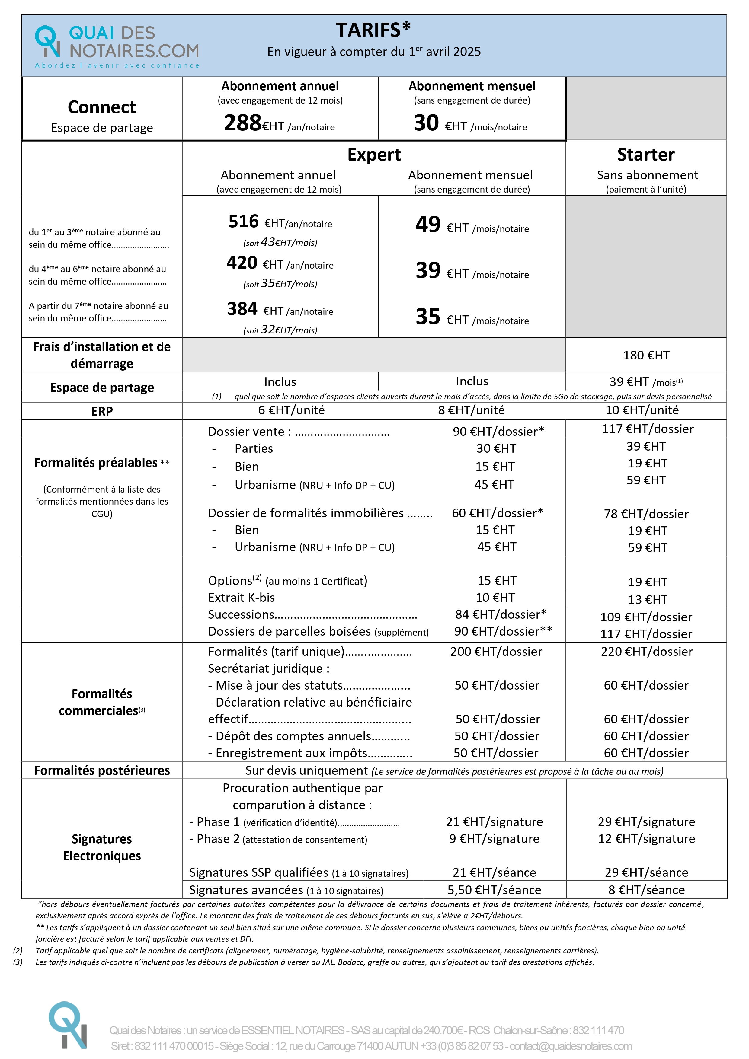 Tarifs Quai des Notaires